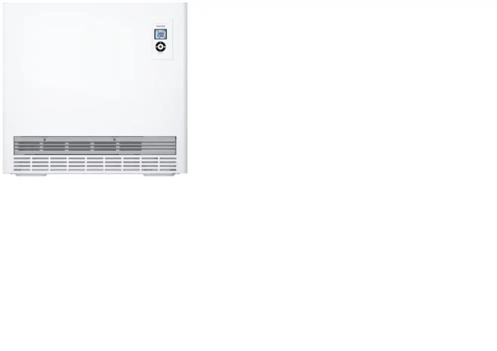 Weißer STIEBEL ELTRON Wand-Flachspeicher ETW 120 Plus mit digitalem Display und Lüftungsgitter.